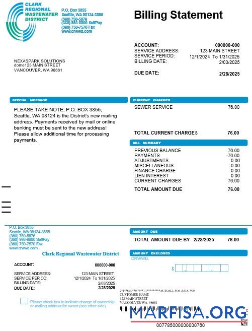 Realistic USA Washington Clark Regional Wastewater District business utility bill, Word and PDF template